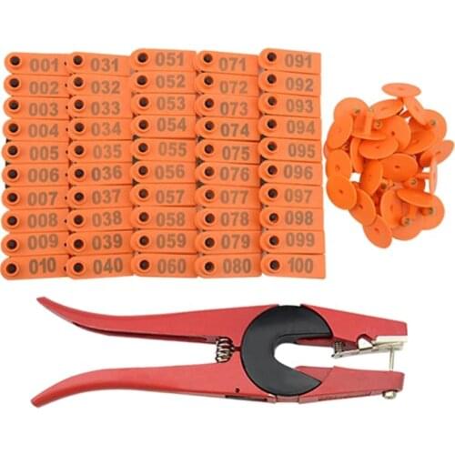 100 Plastic Cattle Cattle Ear Tag 1-100 Animal Tag and 1 Ear Tag Labeler Set for Livestock Management Marking Orange + Red