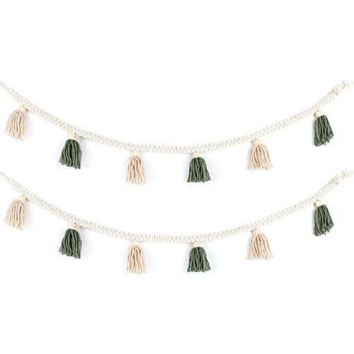 2 Pcs Macrame Woven Tassel Garland Belly Basket Decorative Wall Hangings for Boho Home Decor Nursey Room Green