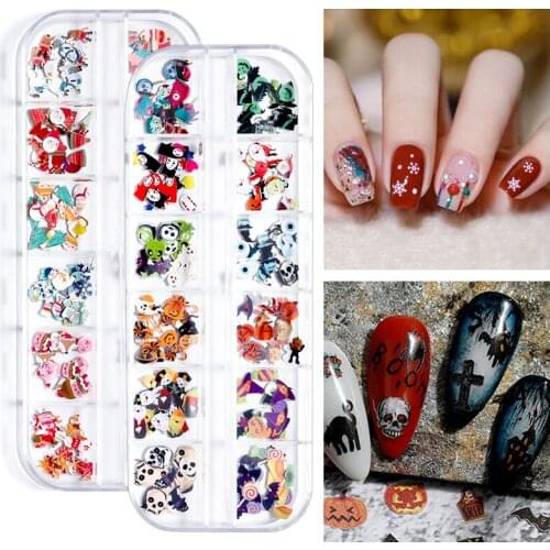 3D Nail Art Decoration Wood Pulp Board 12 Grid Flower Christmas Snowman Nail Applique Halloween Pumpkin Ghost Nail Accessories