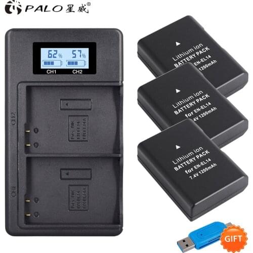 Palo 3 pcs EN-EL14 EN-EL14,EN-EL14a, ENEL14, EL14 Camera Battery + LCD Display Charger USB Dual charger for Nikon D3100 D3200