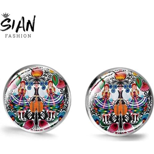 SIAN New Polish Folk Art Photos Stud Earrings Glass Crystal Modern Paper Cutting Element Geometric Flower Boho Earring for Girls