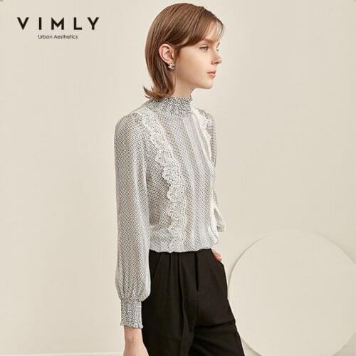 Vimly Autumn Women Dot Blouse Fashion Stand Collar Long Sleeve Shirts Office Lady Elegant Female Blusas F1671