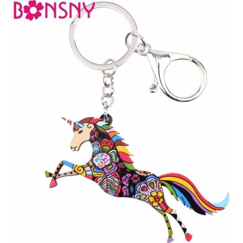 Bonsny Acrylic Animal Jewelry Horse Unicorn Key Chain Key Ring Gifts For Women Girl bag Pendant 2017 New Charm Keychain