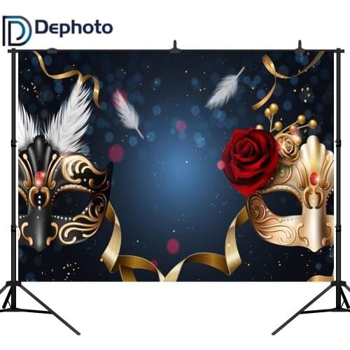 DePhoto black and golden masks red rose dance party prom backdrop masquerade party golden ribbons vinyl background photography