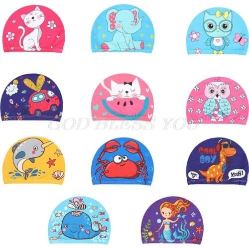 Children Baby Swimming Cap Cute Cartoon Animal Prints Waterproof Protect Ears Soft Polyester Lightweight Unisex Swimming Cap