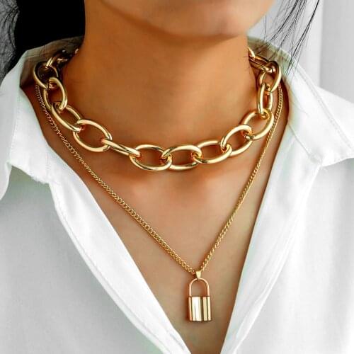 Double Layer Lock Pendant Alloy Chain Women Choker Necklace Party Jewelry Gift Lock Pendant Exaggerated Thick Chain Necklace