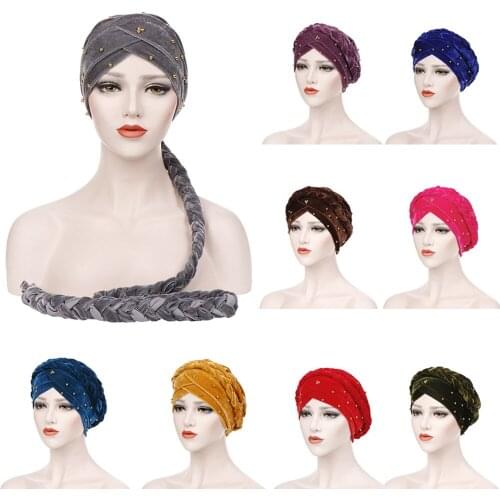 Africa Wrap Head Scarf Velvet Turban Cap Braid Muslim Women Hijab Bonnet Beads Hat Fashion Inner Hijabs Underscarf Chemo Caps