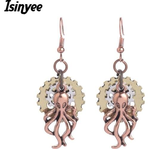 ISINYEE Fashion Steampunk Gears Octopus Taasel Animal Earrings For Women Vintage Gold Silver Steam Punk Jewelry Wholesale