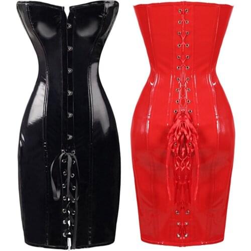 Lace Up Faux Leather Corset Dress Wetlook PVC Steampunk Gothic Strapless Bustier Dress Vintage Club Halloween Party Corselet