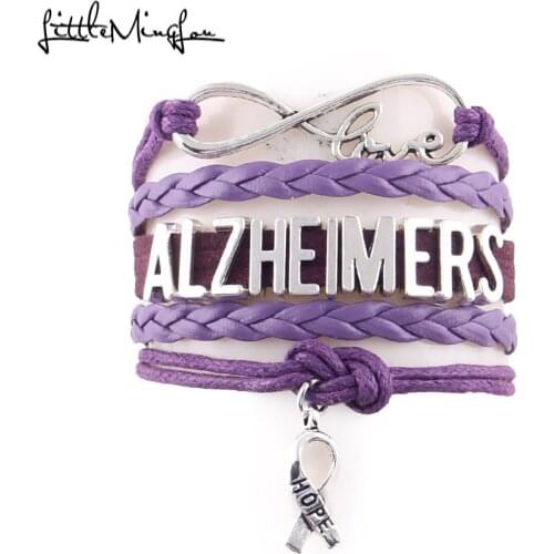 Little Minglou Infinity hope ALZHEIMERS bracelet ribbon charm awareness leather wrap men bracelets & bangles for women jewelry