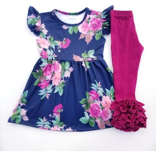 Fashion Baby Girls Floral Printed Dress Boutique Girls Outfits Wholesale Childrens Clothing Sets Milksilk Top with Ruffle Pants