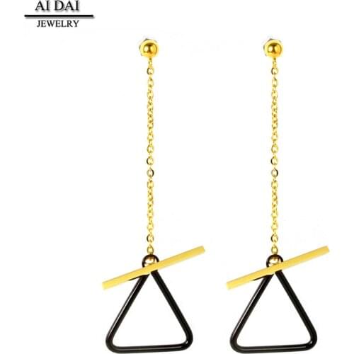 Korean style fashion back hanging temperament all-match earrings gold strip black triangle earrings