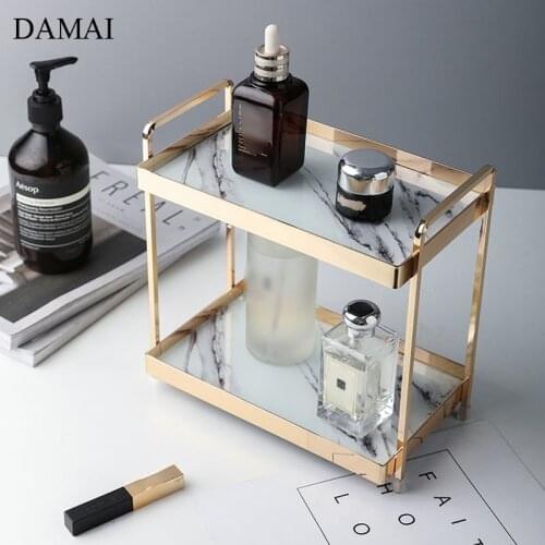 Marble Texture Jewelry Display Shelf Nordic Modern Golden Stroke Double Layer Cosmetic Metal Mirror Storage Tray Home Decoration