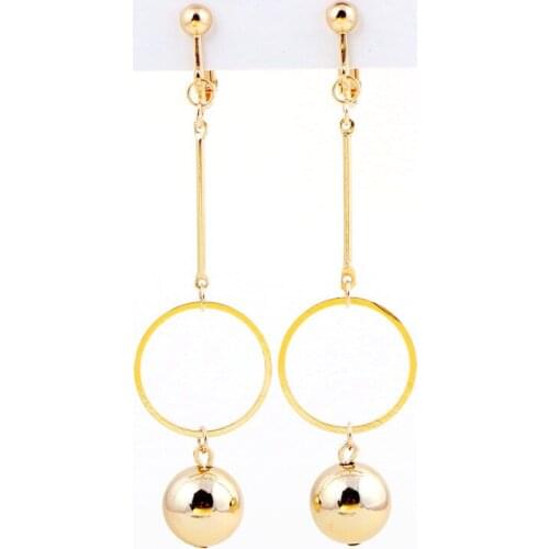2017 New Trendy Design Long Pole Hoop Round Ball Pendant No Ear Hole Ear Clip Without Piercing Ear Earrings Gold And Silver