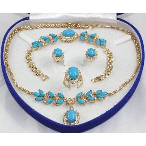 New - noble natural turquoise crystal gold-plated jewelry gift box set
