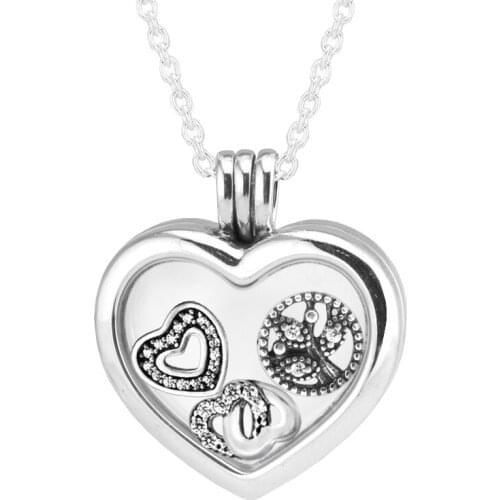 Original 925 Sterling Silver Floating Locket Heart Pendants Necklaces with 3 Inner Parts Petites Chain 60CM Collares