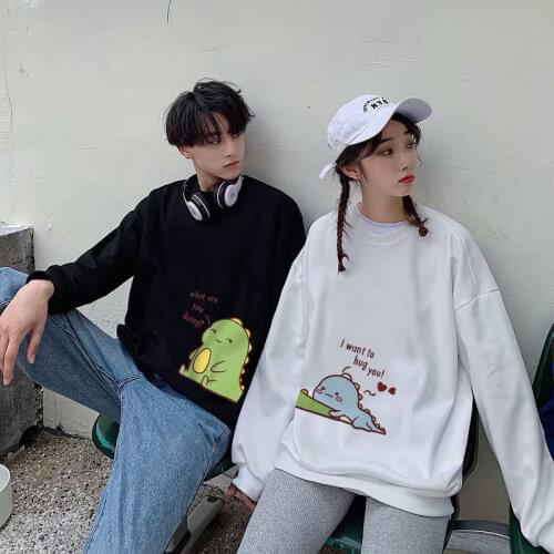 Small Monster Couple plus velvet Thick Round Neck Sweatshirt 2021 Autumn and Winter Womens Mens Clothes loose casual Clothing