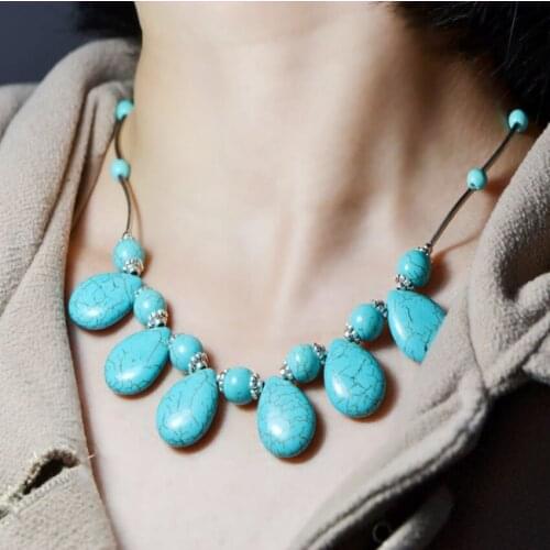 FYJS Unique Silver Plated Stackable Water Drop Green Turquoises Stone Pendant Necklace Ethnic Style Jewelry