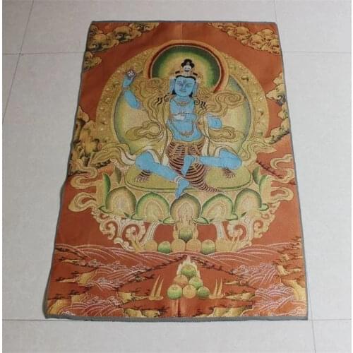 36 pulgadas Tíbet bordado de seda 6 brazos Mahakala Wrathful Deity Buda Tangka pintura Mural