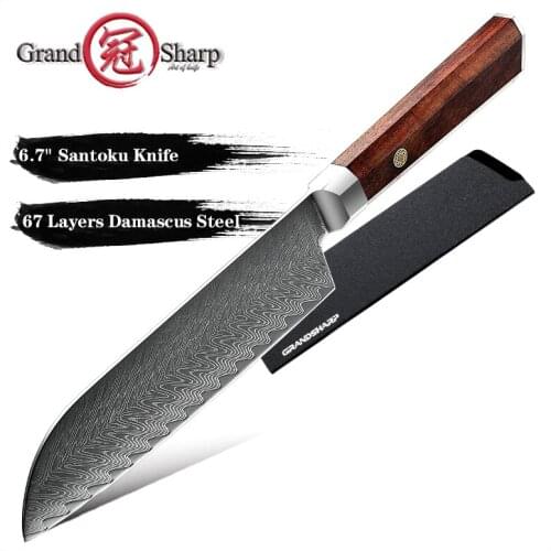 Grandsharp 6.7 Inch Japanese Santoku Knife Chef Knife VG10 Damascus Steel Rosewood Handle Kitchen Cookware Salmon Sashimi Knives