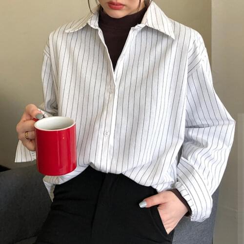 New Turn-down Collar Cotton Blouse Women Striped White Shirt Spring Office Long Sleeve Plus Size Loose Casual Tops Blouses 11097