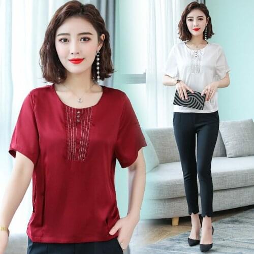 Women satin silk blouse shirt top casual summer short-sleeved loose retro stripe shirt women clothes female tops