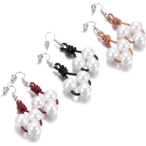 ES0079 New arrivals 3 colors Latest Design Genuine Leather Jewelry Fashion Dangle Pearl Earrings for Women jeweley