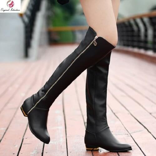 Women Boots Winter Warm Over The Knee Boots Fashion Calf Leather Pointed Toe Black Long Boots Med Heels Female Shoes Size 33-45