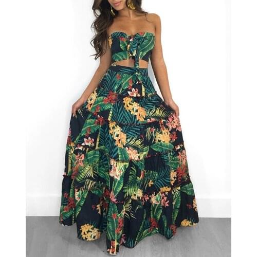 Women Fashion Two pieces Dress Holiday Vacation Dress Flounce Hem Skirt Tropical Print Tube Top&Maxi Skirt Set