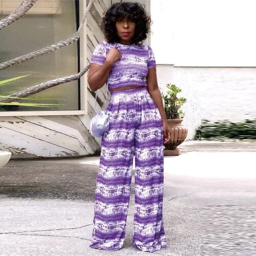 2021 Summer Casual Activewear Women Set Tie Dye Print Short Sleeve Crop T-shirt and Loose Boot Cut Trouser Workout Two Pcs Sets