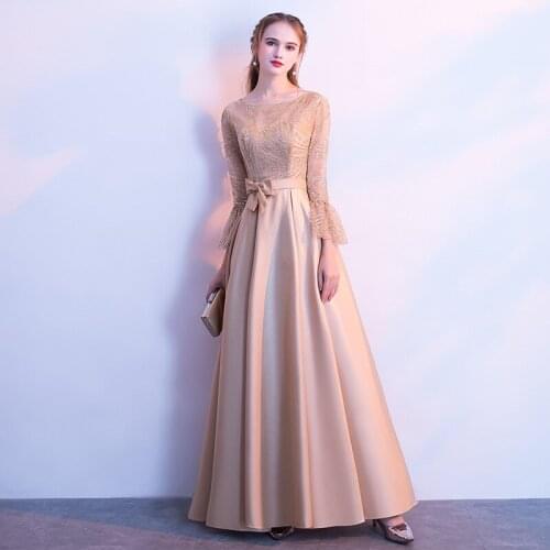 Gold Long Sleeve Chinese Oriental Party Wedding Female Cheongsam Bridesmaid Evening Dress Elegant Celebrity Banquet Dresses