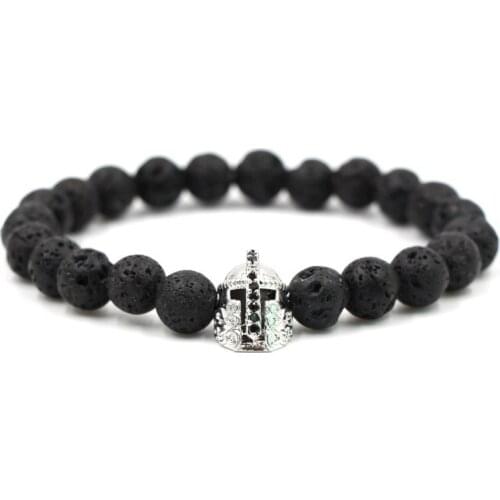 10mm jth3 elastic adjusted nature black stone volcanic lava bead micro pave Spartan helmet cz cubic zirconia Bracelet