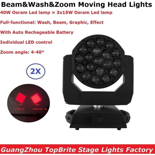 2X Flightcase Pack Optional 19X40W RGBW 4IN1 Moving Head Wash Beam Lights 4-40 Degree Zoom 90-260V With Auto Rechageable Battery