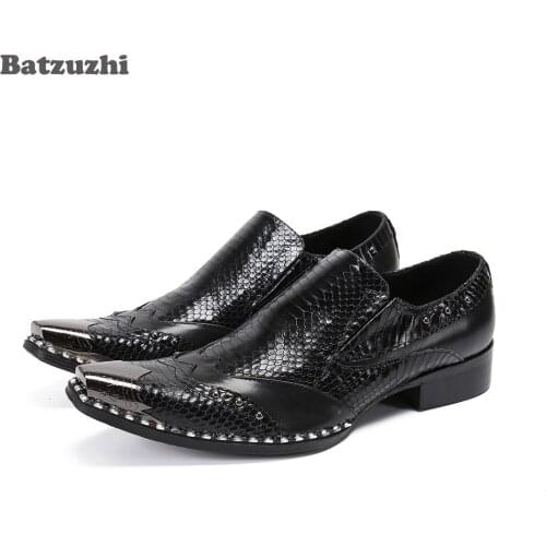 Batzuzhi Italian Style Mens Shoes Black Genuine Leather Dress Shoes Men Special Metal Toe Business Formal Oxford Shoes, EU38-46
