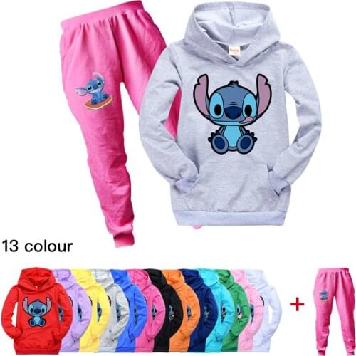 Disney Stitch Spring and Autumn fashion children set boys and girls bag hoodie + trousers childrens wear set