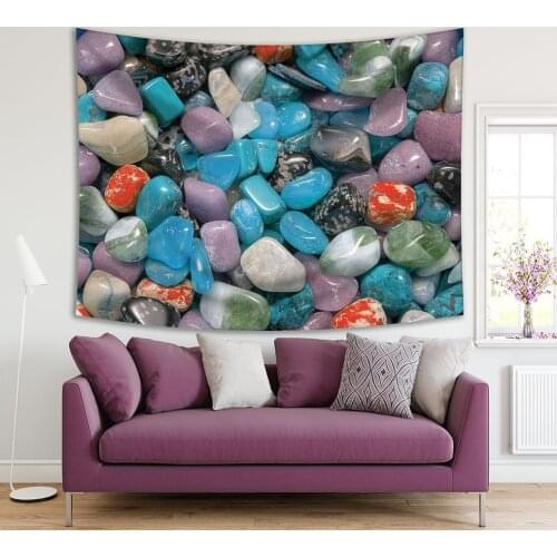 Tapestry Colorful Mineral Stones Collection Seaside Nature Decorative Photo Printed Lilac Black Green