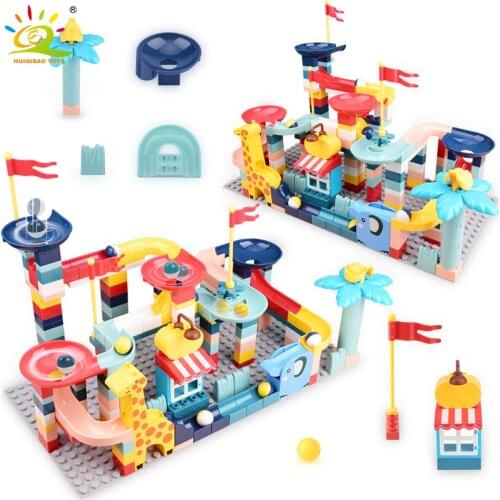 HUIQIBAO 217Pcs Big Size DIY Run Race Track Slide Funnel Animal City Building Blocks Friends Baby Bricks Toys Children Baby