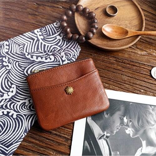 Genuine Leather Wallet Men Vintage Handmade Short Purse Small Wallets ID Credit Card Holder Zipper Coin Pocket Money Bag Women