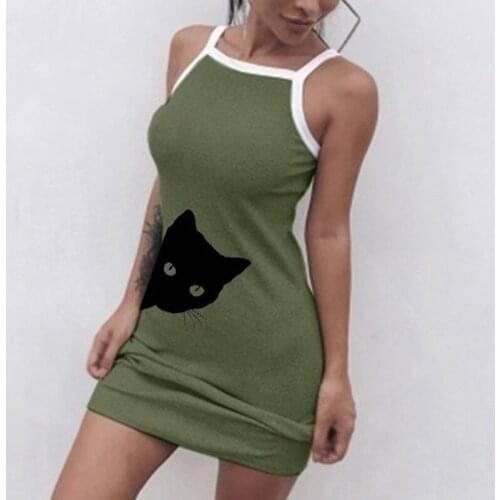 2021 Summer Tight Sling Short Mini Dress Casual Fashion Cat Print Tight Dress Sexy Lady Sexy All-match Party Casual Dress New