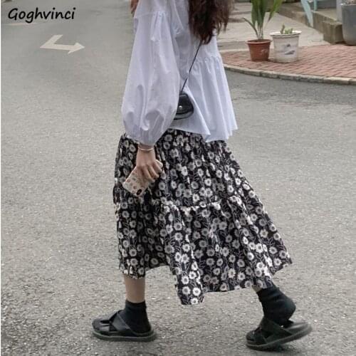 Summer Sweet Women Sets Long Lantern Sleeve V-neck White Shirts Preppy Baggy Girls Fairy Floral Chiffon Midi Skirt Ulzzang Chic