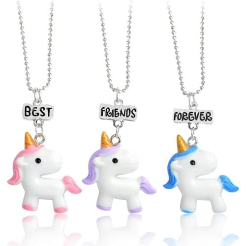 3 piece Best Friends Forever Unicorn Pendant Friendship Necklace Set for Girls Kids Children