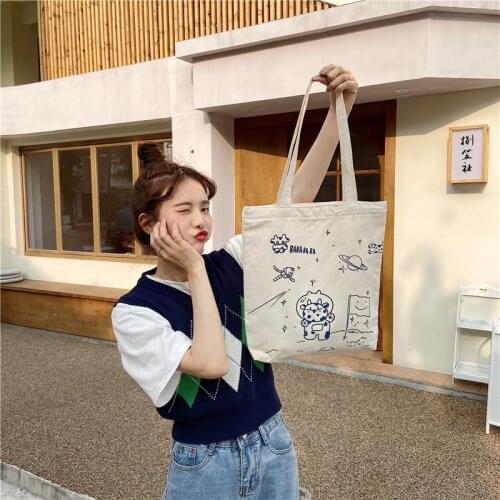 New Girls Canvas Shoulder Bag Student Cute Illustration Printing Female Handbag Womens Large Capacity Reusable Shopping Bag