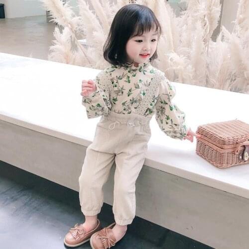 New Kids Fashion Children Clothing Sets Korean Spring Autumn Floral Print Long Sleeve Blouse+Strap Overall Pant Kids Sets Outfit