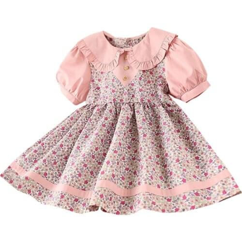 2020 New Spring Summer Girl Dress Baby Kids Girls Peter Pan Collar Floral Flowers Princess Dress Clothes Knee-length Dress