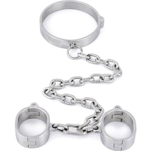 Stainless Steel Neck Collar Chain Hand Cuffs Metal Bondagae Bdsm Torture Restraints Adult Games Slave Sex Toys For Couples