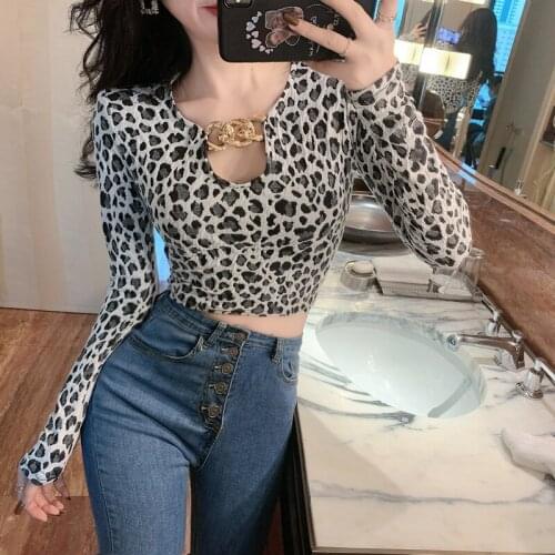 Leopard Sexy Blouse Women Spring Autumn 2021 New Vintage Metal Chain Hollow Craft Fabric Long Sleeved Bottoming Tops Female