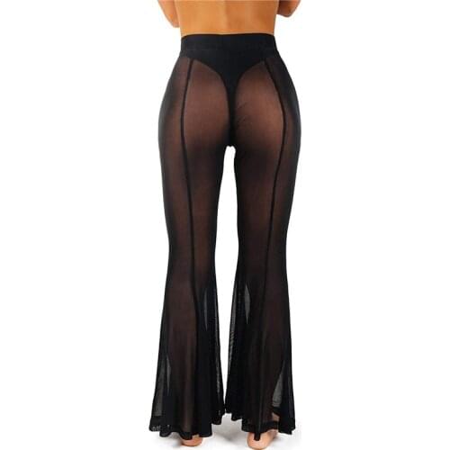 Mesh Sheer pants Summer Women Bikini Cover Up Swimwear Elastic high waist Flared Trousers Solid Beach Bathing See-though On Sale