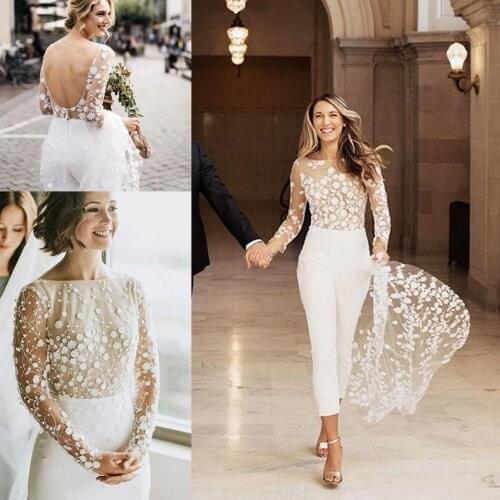 Countryside Lace Floral Wedding Jumpsuit With Train 2020 Jewel Neck Long Sleeve Backless Bohemian Beach Bride Gown vestidos de