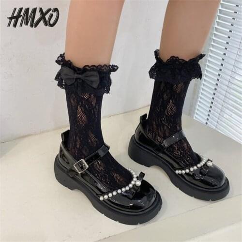 HMXO College Style Cute Roman Shoes Round Head Retro Thick Mid-heeled Sweet Pearl Bow Flat Shoes Mary Jane Word Jk Doll Shoes