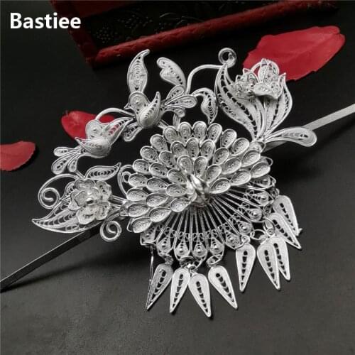 Bastiee Hmong 999 Sterling Silver Hair Stick Peacock Ethnic Big Hair Accessories For Women Miao Handmade Hairpin Luxury Jewelry